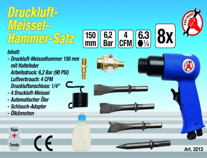 BGS Diy 3213 | Druckluft-Meißelhammer mit Werkzeugsatz | 8-tlg. | Betriebsdruck 6,3 bar | Luftverbrauch 113 l/min | 4-teiliger Meißelsatz | Stecktülle für Schnellkupplung BGS Diy 3213 | Druckluft-Meißelhammer mit Werkzeugsatz | 8-tlg. | Betriebsdruck 6,3 bar | Luftverbrauch 113 l/min | 4-teiliger Meißelsatz | Stecktülle für Schnellkupplung