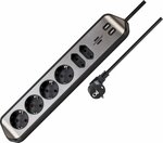Prolongateur multiprise estilo avec fonction de charge USB 6 voies 4x contact de la terre & 2x Euro argent noir