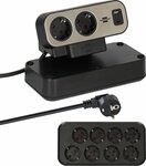 Duplex bloc multiprise de table, 1x USB C, 1x USB A, 10x prises de courant avec contact de protection, argent noir