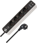 Multiprise avec USB 4 prises blanc/noir 1,5 m H05VV-F 3G1,5 avec interrupteur