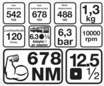 1/2 Air Impact Wrench, 678 Nm, extra court 98 mm