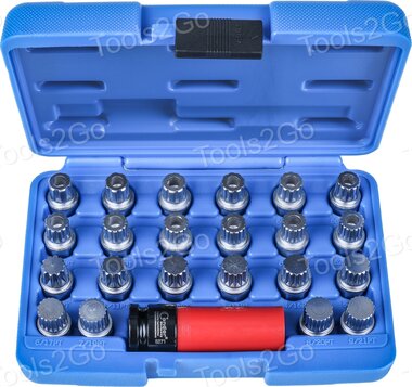 Jeu de douilles de demontage d'antivols de jantes 23 pieces Audi / VW