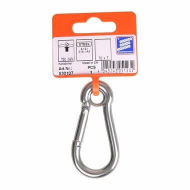Mousqueton 70x7mm, avec illet ferme, acier inoxydable A4 AISI 316, 750 daN