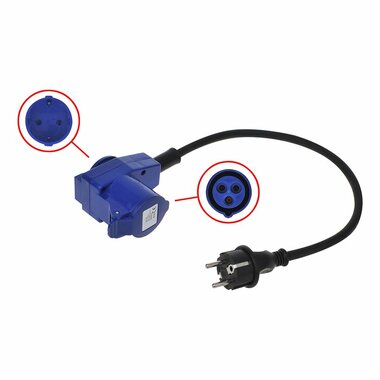Rallonge de 40 cm de fiche Schuko vers fiche CEE coudee + prise Schuko