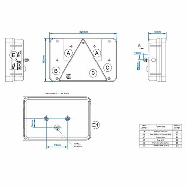 Feu arriere 6 fonctions 218x140mm droit
