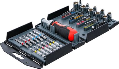 Jeu d’embouts/de douilles avec poignee rotative a cliquet pour embouts reversibles 53 pieces