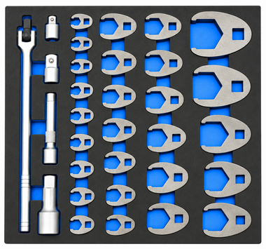 Jeu de cles a fourche dans mousse 3/8+1/2+3/4 32 pieces